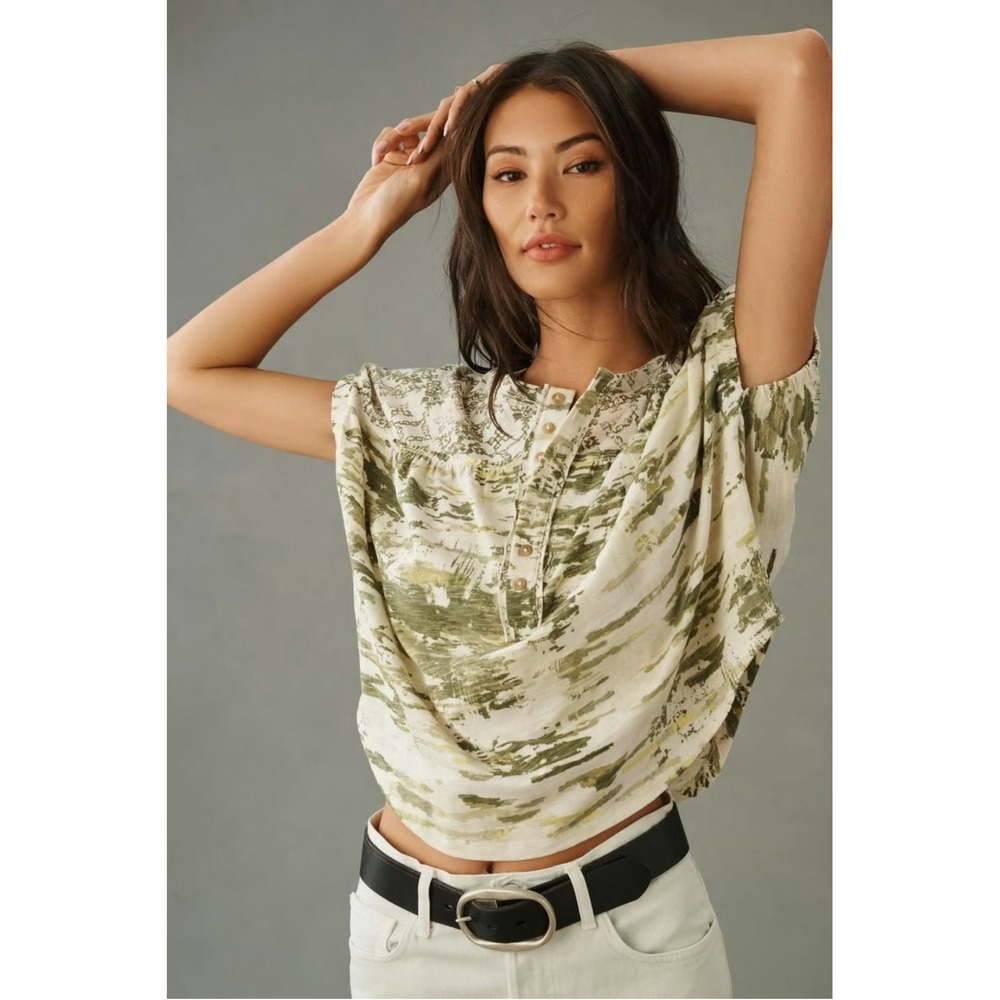 Anthropologie Pilcro Ruched Henley Tee In Green Size XXS Oversized Boho Casual
